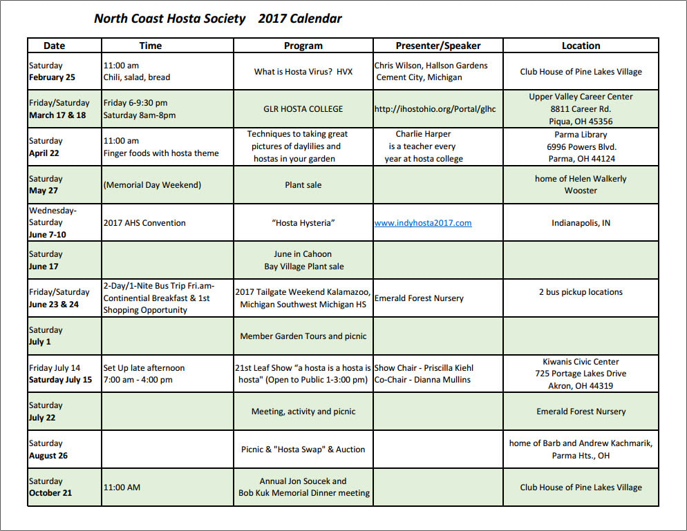 Calendar 2017 North Coast Hosta Society